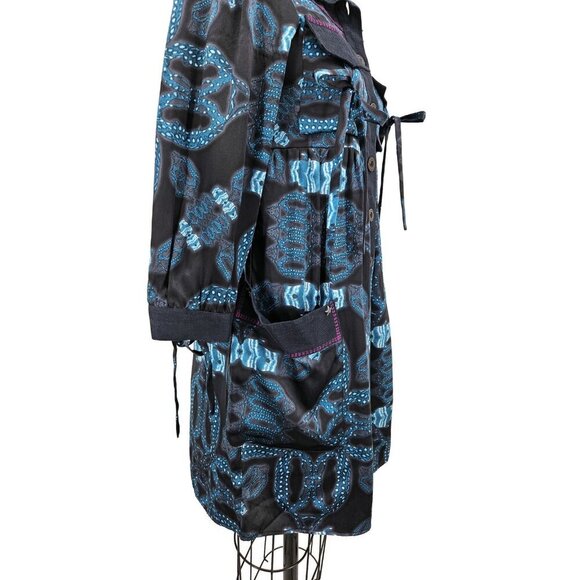 Custo Barcelona Silk Mini Dress Womens XS/S? Linen Collar Blue Black Long Sleeve - Picture 3 of 7